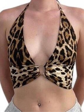 Leopard Print Halter Crop Top - Brown Black